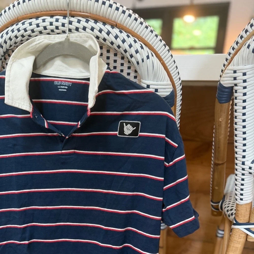 Old Navy Boys Navy Blue Striped Rugby Polo Shirt Shaka Patch Size L 10-12